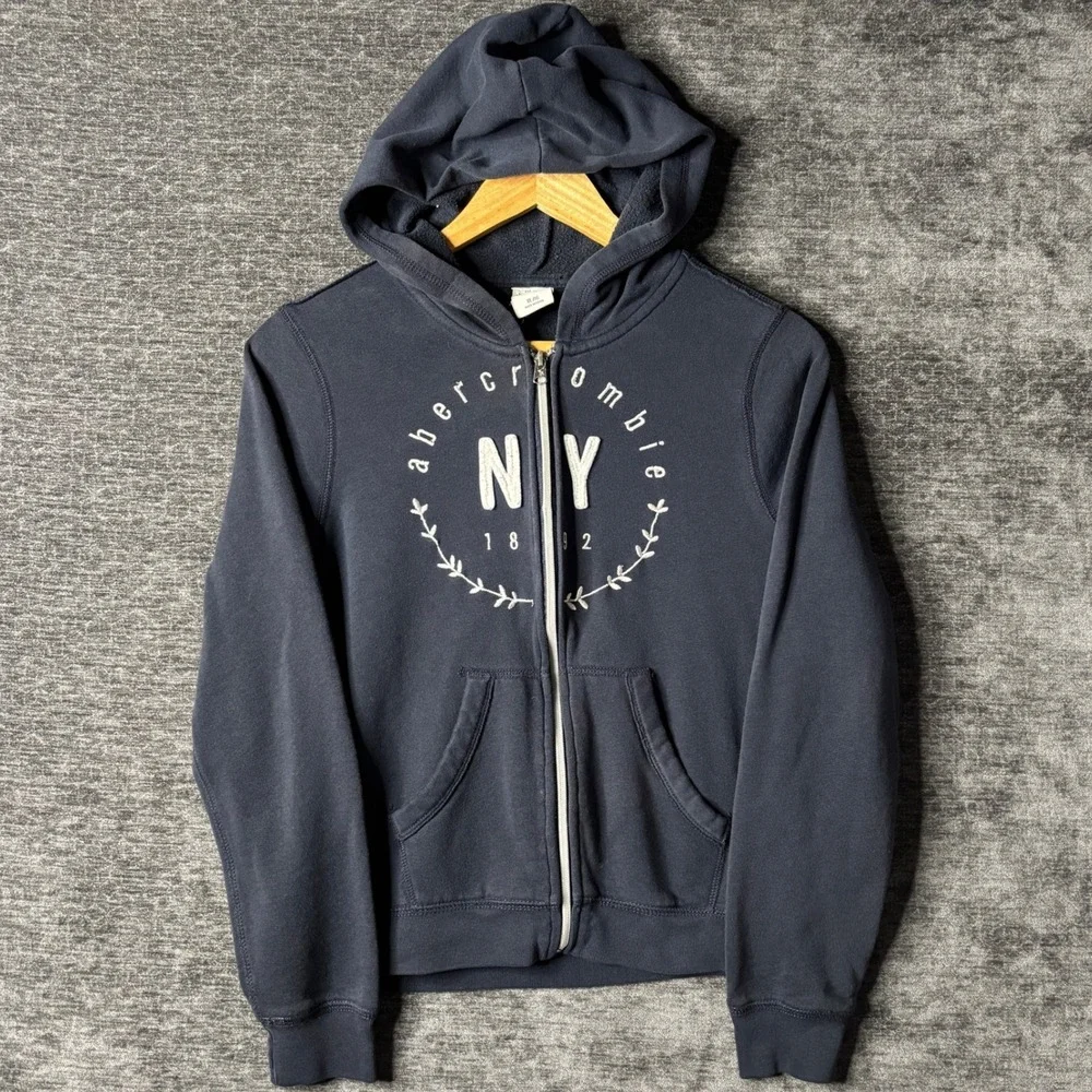 Y2K Abercrombie Kids XL 16 Navy Blue Full Zip Hoodie NY 1892 Graphic Sweatshirt